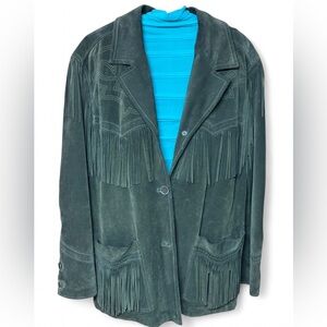 Vintage RARE Micheal Hogan North Beach Fringe Suede Green Western Jacket Sz11/12
